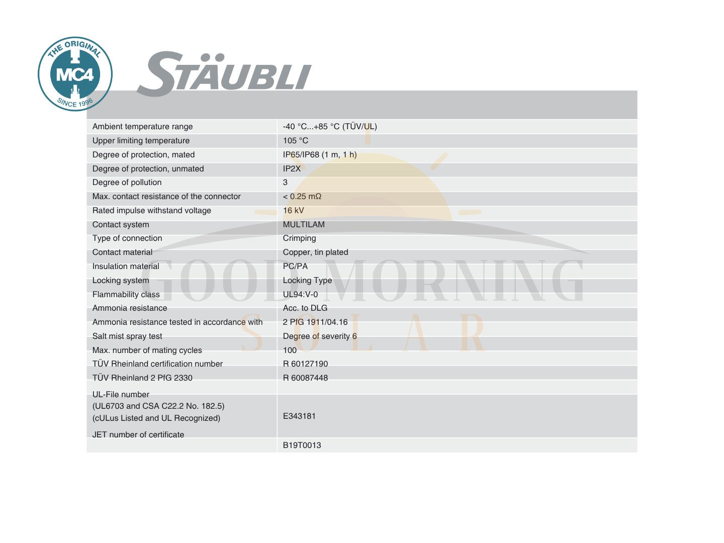 Stäubli MC4 Male PV-KST4/6I-UR Cable size 4,6 sq.mm